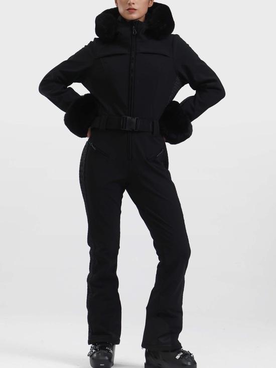 Gsou Snow Jackets & Blazers - GSOU SNOW Black Faux Fur Shirred Waterproof One-Piece Ski Suit Size L
